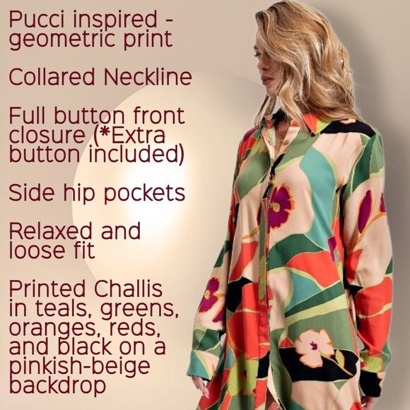 EASEL "The Downtowner" Challis Statement Shirt Dress Geo Print Hi Low Sexy Style - Picture 6 of 16